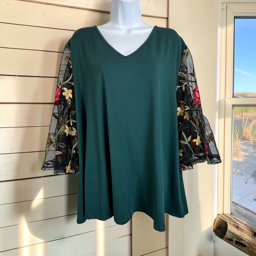 Mesh Bell Sleeve Top 3XL Hunter Green Sheer Floral Embroidered Whimsy Fairy